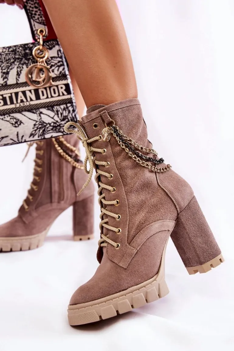 Zamszowe Botki Sznurowane Lewski Shoes 3244/G Beżowe