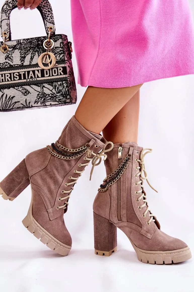 Zamszowe Botki Sznurowane Lewski Shoes 3244/G Beżowe