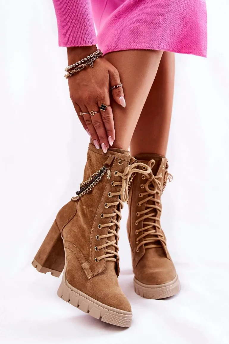 Zamszowe Botki Sznurowane Lewski Shoes 3244/G Beżowe