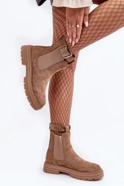 Zamszowe Botki Sztyblety Na Masywnej Podeszwie Beżowe Ozaro