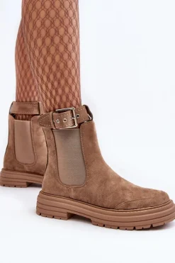 Zamszowe Botki Sztyblety Na Masywnej Podeszwie Beżowe Ozaro