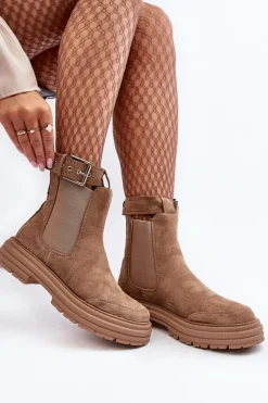 Zamszowe Botki Sztyblety Na Masywnej Podeszwie Beżowe Ozaro