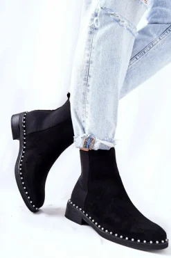 Zamszowe Botki Sztyblety Z Perełkami Czarne Jilanna