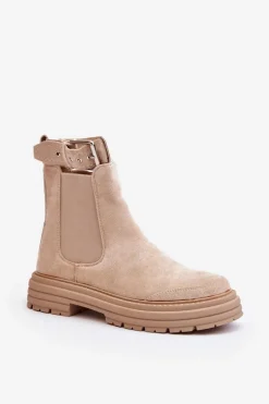 Zamszowe Botki Sztyblety Na Masywnej Podeszwie Jasnobeżowe Ozaro