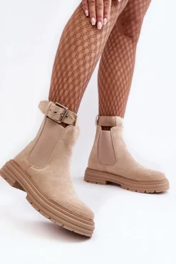 Zamszowe Botki Sztyblety Na Masywnej Podeszwie Jasnobeżowe Ozaro