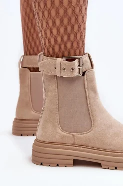 Zamszowe Botki Sztyblety Na Masywnej Podeszwie Jasnobeżowe Ozaro