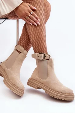 Zamszowe Botki Sztyblety Na Masywnej Podeszwie Jasnobeżowe Ozaro