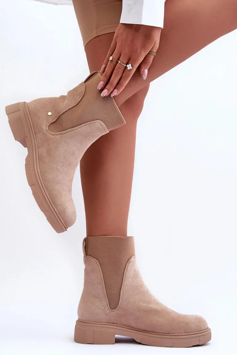 Zamszowe Botki Sztyblety Damskie Beżowe Tannaz