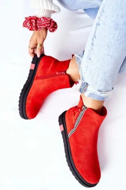 Zamszowe Botki Sztyblety Na Platformie Czerwone Nessa