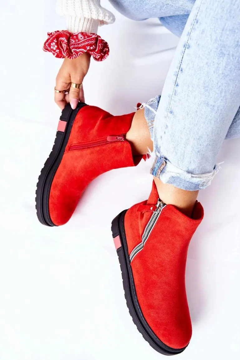 Zamszowe Botki Sztyblety Na Platformie Czerwone Nessa