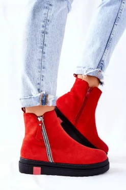Zamszowe Botki Sztyblety Na Platformie Czerwone Nessa