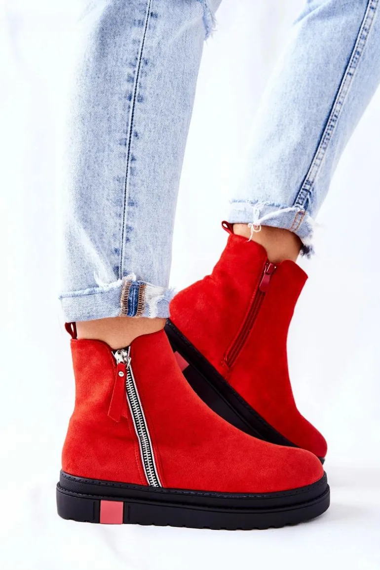 Zamszowe Botki Sztyblety Na Platformie Czerwone Nessa