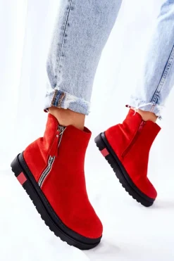 Zamszowe Botki Sztyblety Na Platformie Czerwone Nessa