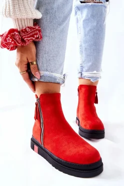 Zamszowe Botki Sztyblety Na Platformie Czerwone Nessa