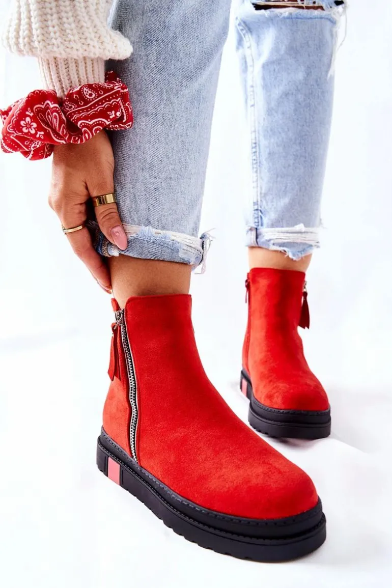 Zamszowe Botki Sztyblety Na Platformie Czerwone Nessa