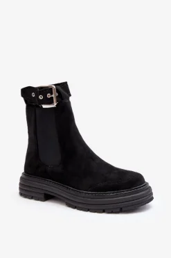 Zamszowe Botki Sztyblety Na Masywnej Podeszwie Czarne Ozaro