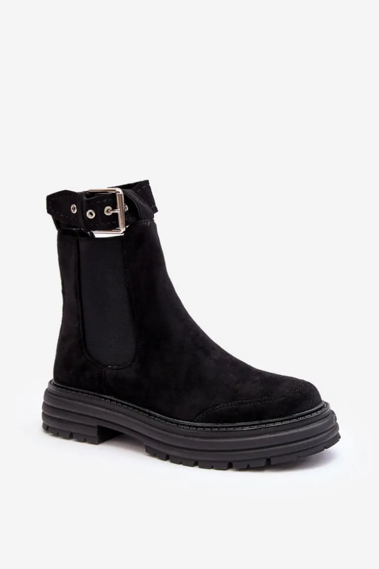 Zamszowe Botki Sztyblety Na Masywnej Podeszwie Czarne Ozaro