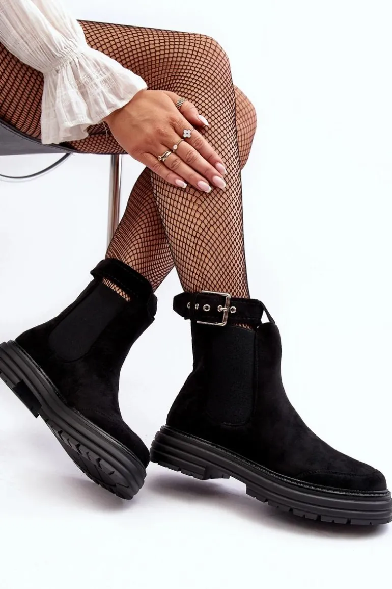 Zamszowe Botki Sztyblety Na Masywnej Podeszwie Czarne Ozaro