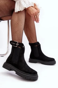 Zamszowe Botki Sztyblety Na Masywnej Podeszwie Czarne Ozaro
