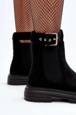 Zamszowe Botki Sztyblety Na Masywnej Podeszwie Czarne Ozaro
