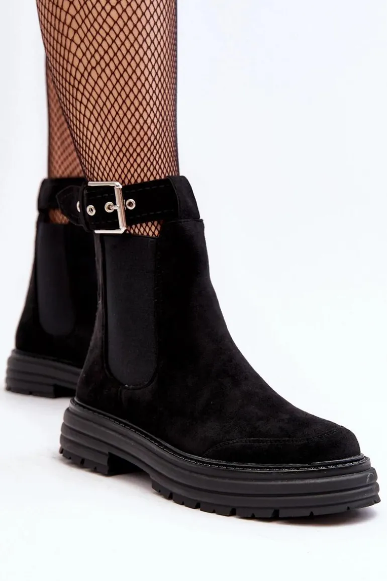 Zamszowe Botki Sztyblety Na Masywnej Podeszwie Czarne Ozaro