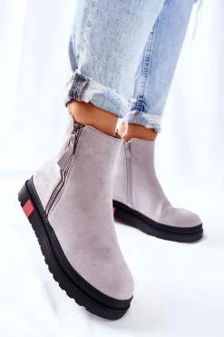 Zamszowe Botki Sztyblety Na Platformie Szare Nessa
