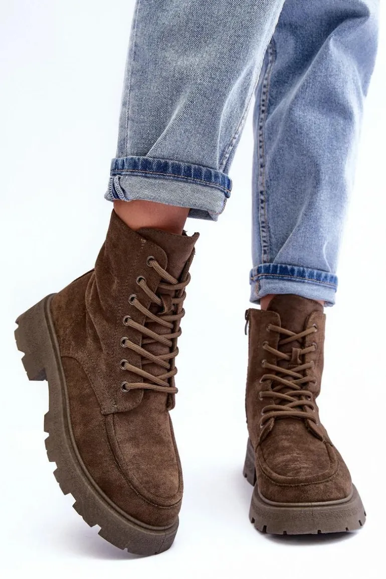 Zamszowe Botki Trapery Ocieplane Na Płaskim Obcasie Ciemnozielone Zikey