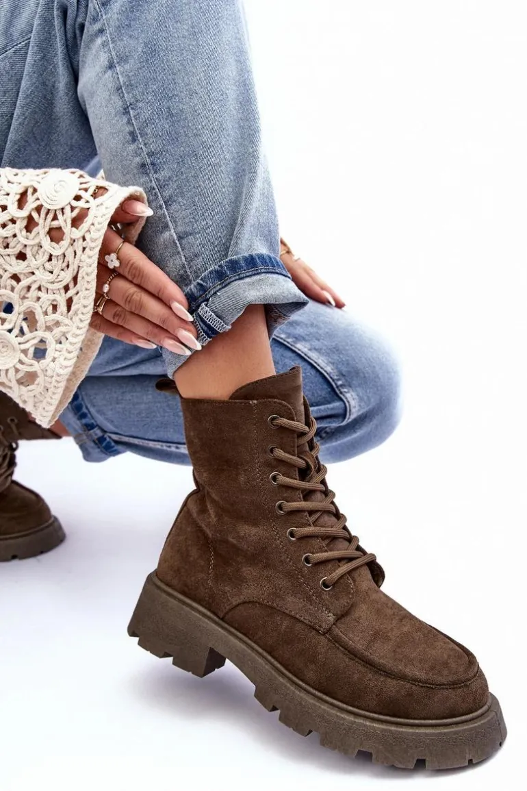 Zamszowe Botki Trapery Ocieplane Na Płaskim Obcasie Ciemnozielone Zikey