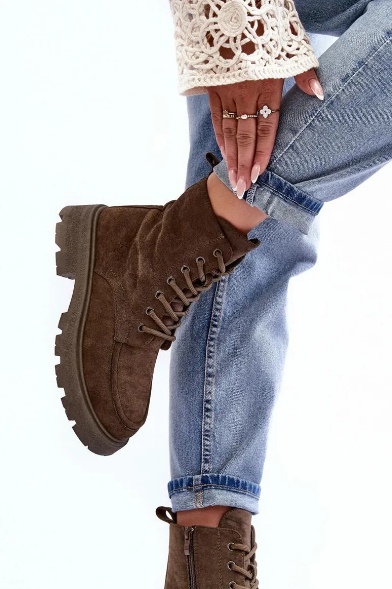 Zamszowe Botki Trapery Ocieplane Na Płaskim Obcasie Ciemnozielone Zikey