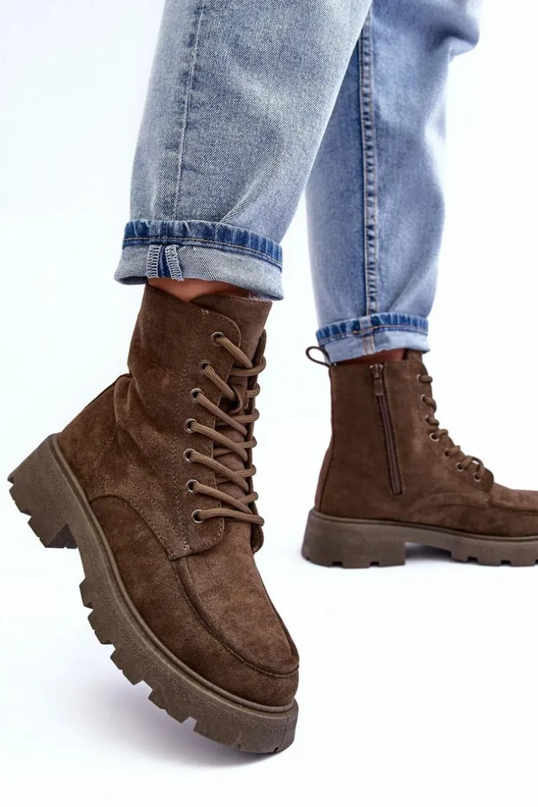 Zamszowe Botki Trapery Ocieplane Na Płaskim Obcasie Ciemnozielone Zikey