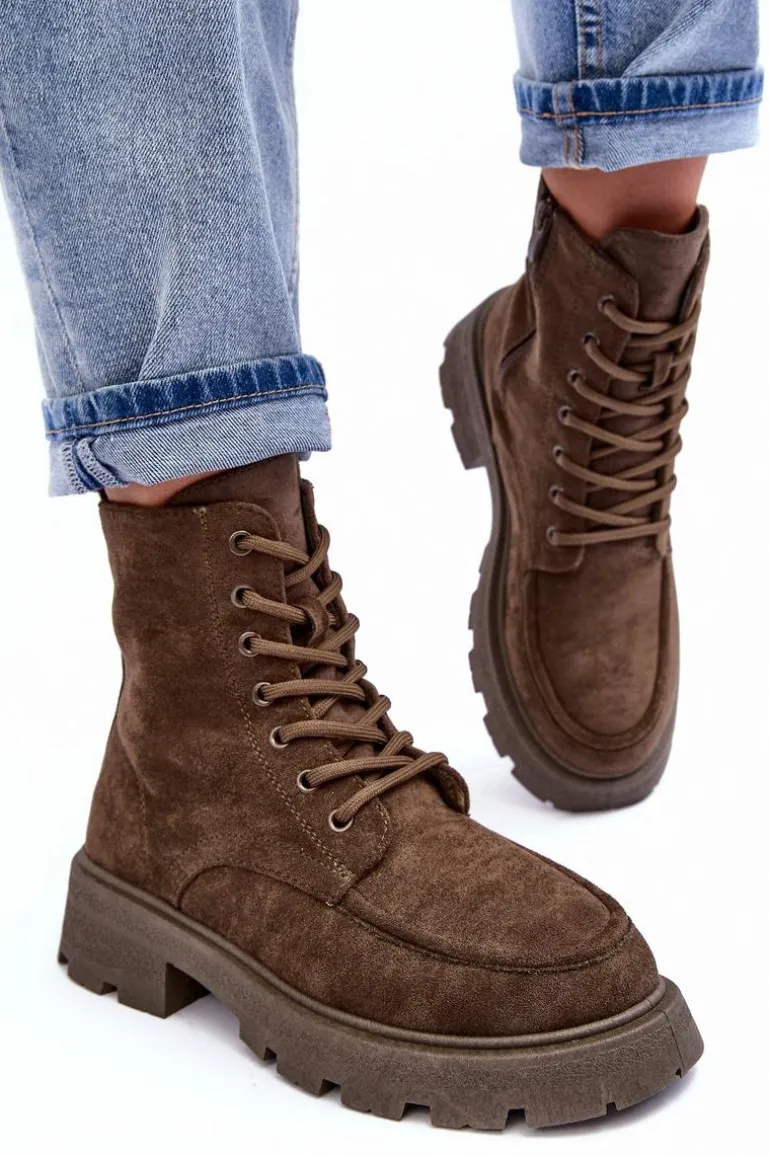 Zamszowe Botki Trapery Ocieplane Na Płaskim Obcasie Ciemnozielone Zikey