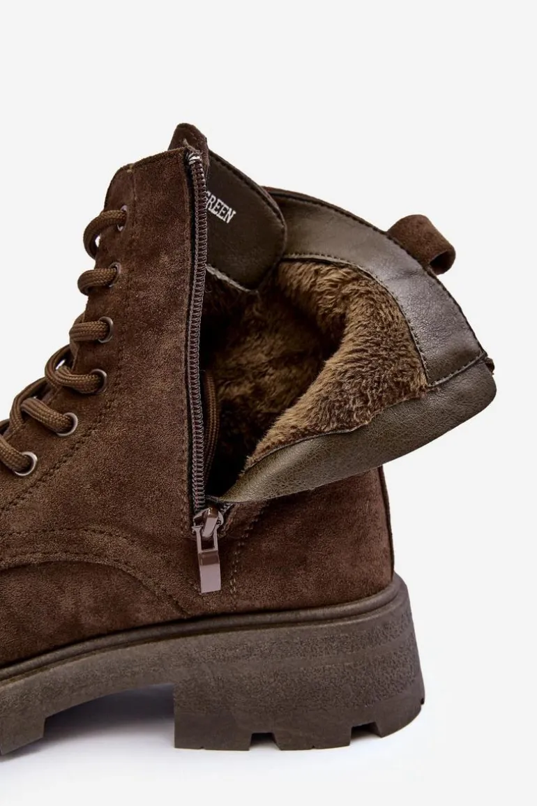 Zamszowe Botki Trapery Ocieplane Na Płaskim Obcasie Ciemnozielone Zikey