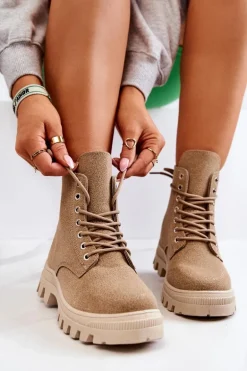 Zamszowe Botki Trapery Wiązane Ciemnobeżowe Hurricane