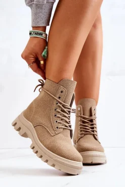 Zamszowe Botki Trapery Wiązane Ciemnobeżowe Hurricane