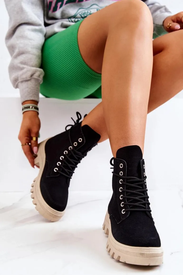 Zamszowe Botki Trapery Wiązane Czarne Hurricane