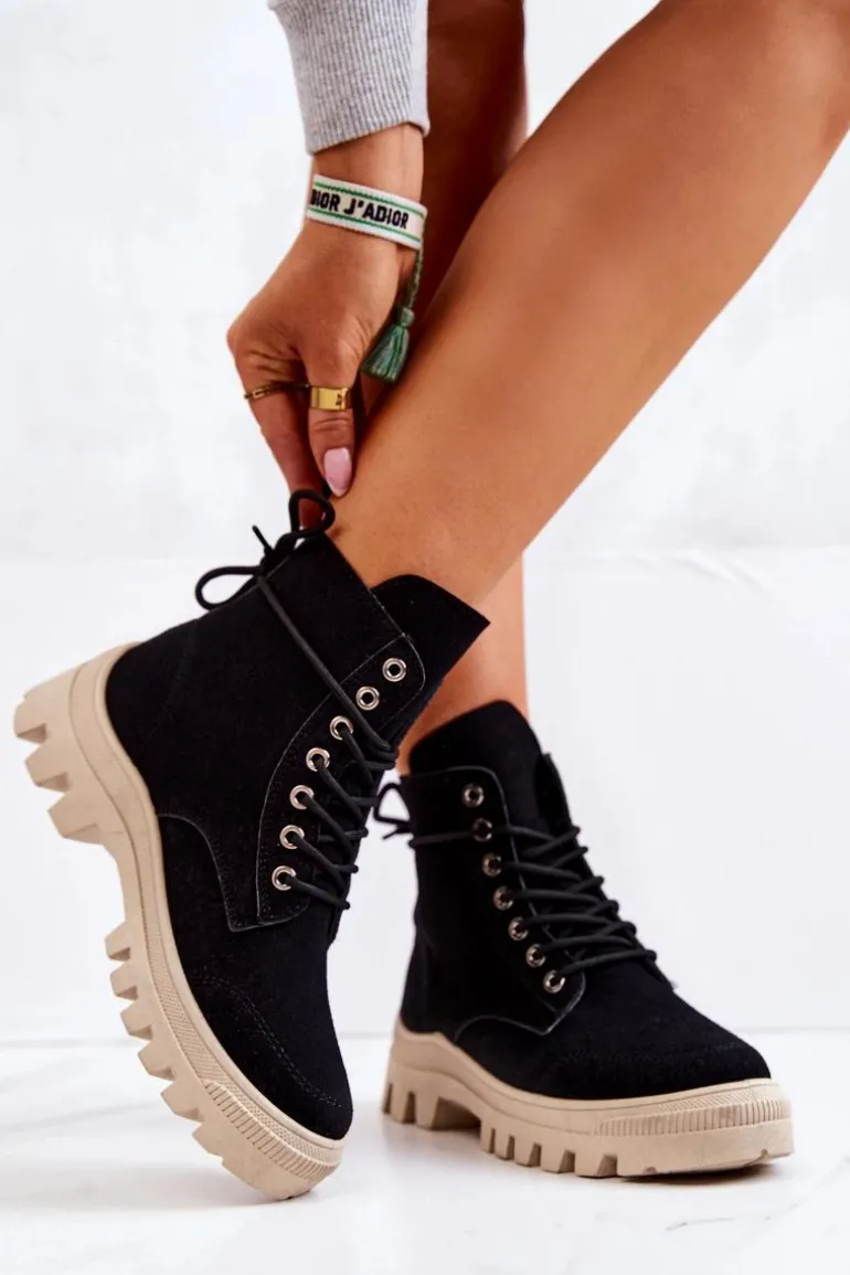 Zamszowe Botki Trapery Wiązane Czarne Hurricane