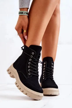 Zamszowe Botki Trapery Wiązane Czarne Hurricane