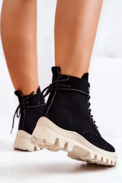 Zamszowe Botki Trapery Wiązane Czarne Hurricane