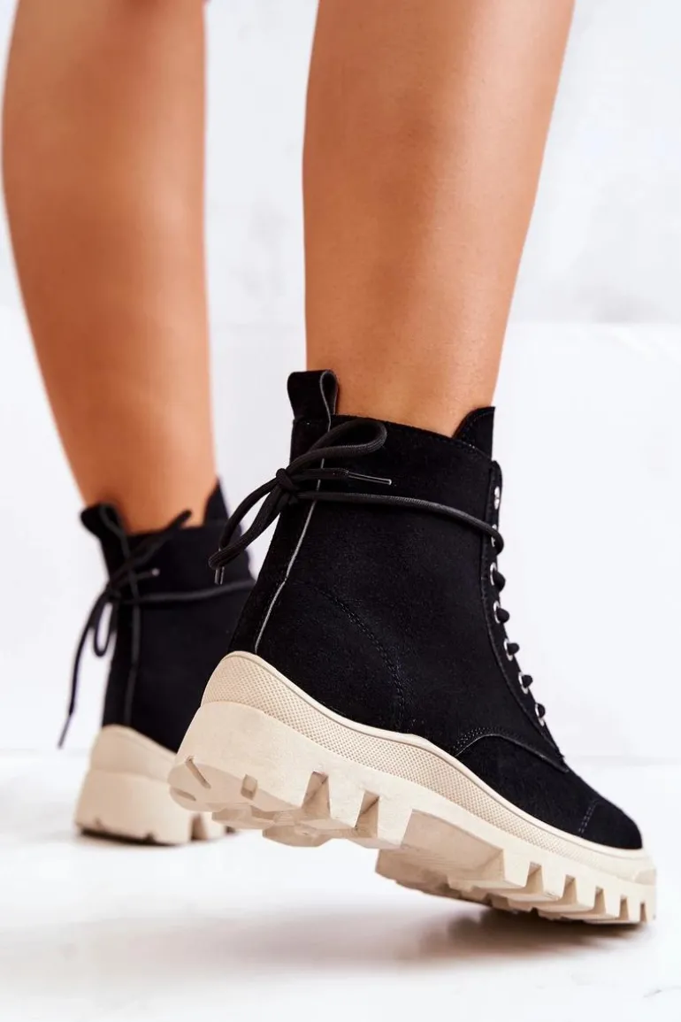 Zamszowe Botki Trapery Wiązane Czarne Hurricane