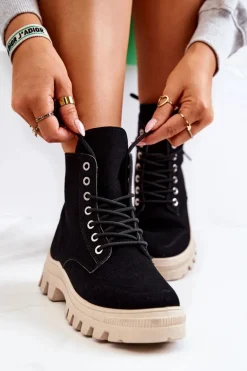 Zamszowe Botki Trapery Wiązane Czarne Hurricane