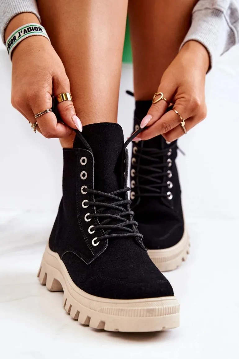 Zamszowe Botki Trapery Wiązane Czarne Hurricane