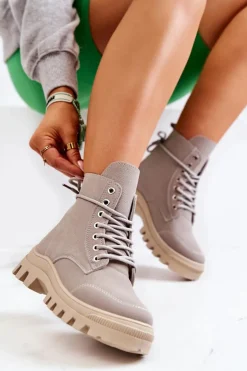 Zamszowe Botki Trapery Wiązane Szare Hurricane