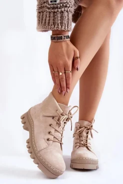 Zamszowe Botki Trapery Wiązane Jasnobeżowe Dalles