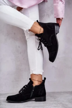 Zamszowe Botki Trzewiki Sznurowane Nicole 2781 Czarne