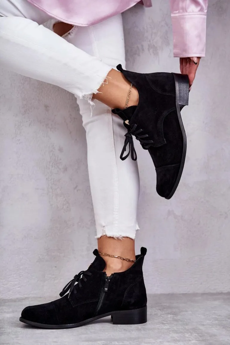 Zamszowe Botki Trzewiki Sznurowane Nicole 2781 Czarne