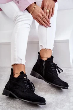 Zamszowe Botki Trzewiki Sznurowane Nicole 2781 Czarne