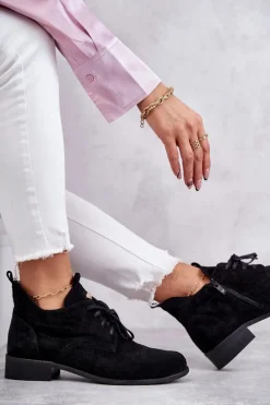 Zamszowe Botki Trzewiki Sznurowane Nicole 2781 Czarne