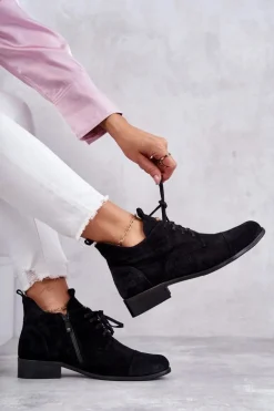 Zamszowe Botki Trzewiki Sznurowane Nicole 2781 Czarne