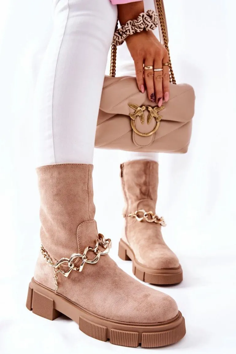 Zamszowe Botki Workery Beżowe Hellio