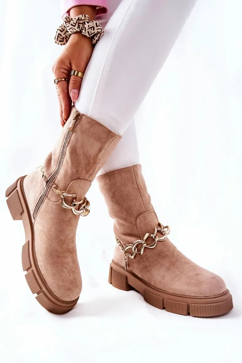 Zamszowe Botki Workery Beżowe Hellio